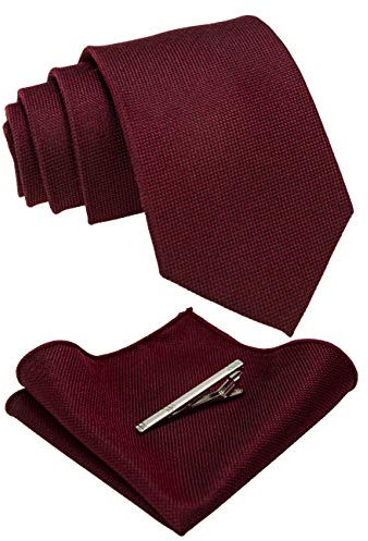 RBOCOTT Burgundy Wool Tie Cashmere Cotton Nacktie and Pocket Square with Tie Clip Sets for Men