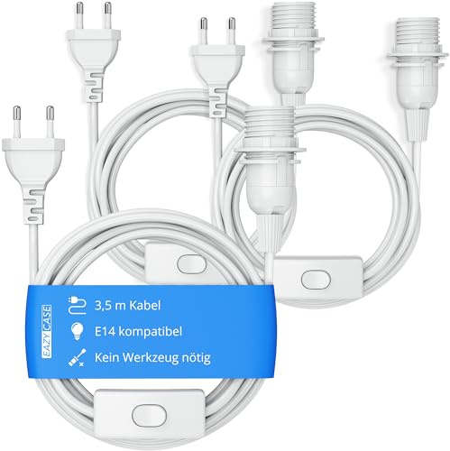 EAZY CASE 3x E14 Lampenfassung mit 3,5 m Kabel, Schalter, Schraubring für Lampenschirm und Netzstecker - ideale Lampenaufhängung für Hängeleuchten, Pendelleuchten, DIY Lampe, Weiß