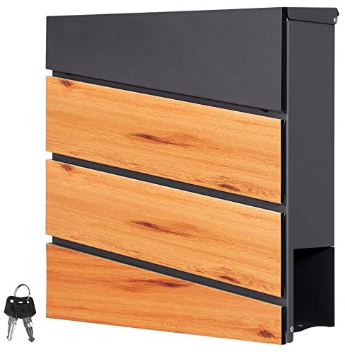 ML-Design Cassetta Postale Montaggio a Parete Muro Esterno 37 x 36,5 x 11 cm in Acciaio Antracite/Aspetto Legno Buca delle Lettere con Scomparto Porta Giornali Stile Moderno con Serratura e 2 Chiavi