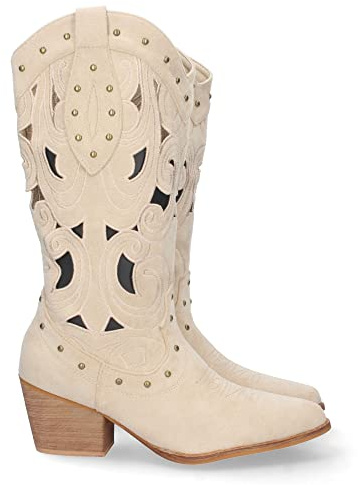 shoes&blues.es 71047-Bota de Tacon para Mujer, Comoda, con Calados y Tachuelas en la Cana, Cierre de Cremallera, Primavera Verano 2023. Talla 37 Beige