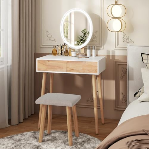 YU YUSING Schminktisch mit LED-Beleuchtung Spiegel, Schminktisch mit Stuhl | Frisiertisch Kosmetiktisch mit 2 Schubladen, Einstellbarer Helligkeit, Frisierkommode Make Up Dressing Vanity, Modern（Oval）