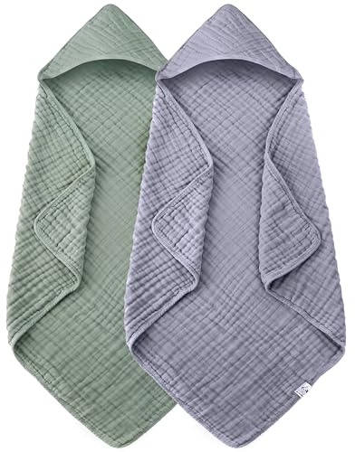 Spotted Play 2 Pack Hooded Baby Towels - 100% Muslin Cotton for Newborns, Infants, Toddlers - Large 32x32Inch Size - Highly Absorbent and Essential for Newborn Care, Green and Grey