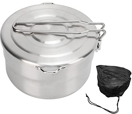 1.5L Camping Pot with Lid, Stainless Steel Folding Handle Lightweight Cooking Pot for Outdoor Camping, Hiking, Picnic, Barbecue, Portable Cookware with Tick Marks