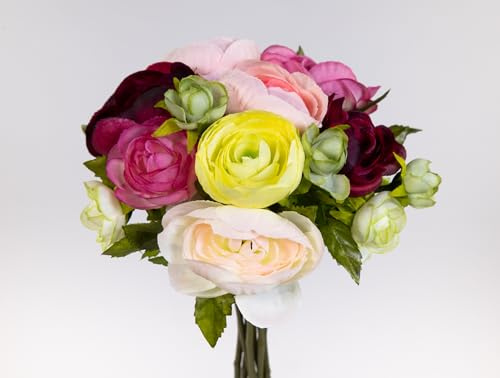 Seidenblumen Roß Ranunkelstrauß/Ranunkelbouquet 22cm AD Kunstblumen künstlicher Strauß Ranunkel Blumen (rosa-Fuchsia-grün-Creme)