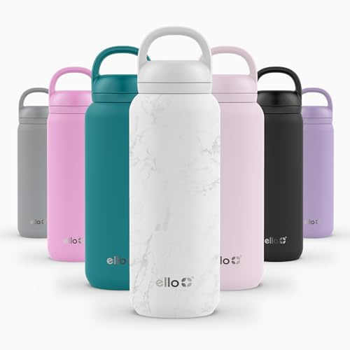 Ello Cooper Twist 32oz Stainless Steel Water Bottle with Chug Lid | Leak Proof | Double Walled and Vacuum Insulated | Built in Carry Loop | Dishwasher Safe | White Marble