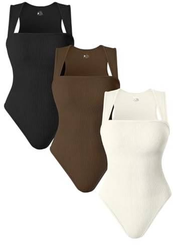AIDEUX Tghetiop Body 3 Pièces Sans Manches Pour Femme Col Carré Shapewear Débardeur Côtelé Minceur Sexy Sans Coutures, Noir Café Beige 1, L
