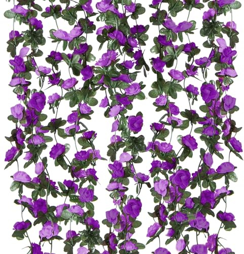 Criveple 6 Pack 49FT Guirnalda de Rosas Artificiales Flores Colgando Flores De Seda Colgante Al Aire Libre Flores Artificiales Deco para Boda Arco Dormitorio Pared Decoración (Púrpura)