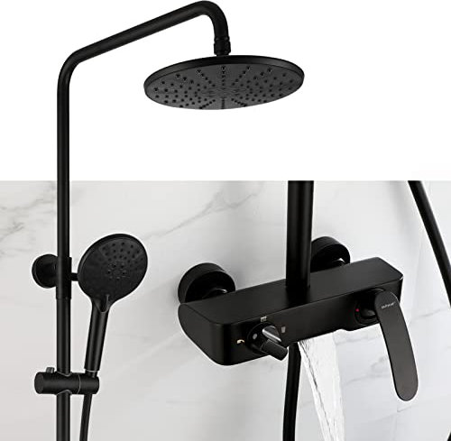 TATITZRO Système de Douche avec pommeau de Douche Rond, Douche à Main à 3 Modes, Bec de Baignoire en Cascade, Ensemble de Douche avec Colonne de Douche, mitigeur, Barre coulissante réglable