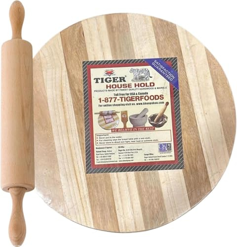REGRO TIGER Handmade Wooden Chakla Belan Set | 12-Inch Rolling Board & Pin | Premium Kitchen Utensils for Roti, Chapati, and Dough Rolling (12 Chakla & Rolling Pin)