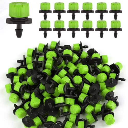 Rolcoassuns 100 goteros de riego ajustables 1/4, micro gotas de 360° para sistema de riego de jardín, aspersores antiobstrucción para tuberías de 4 mm/7 mm, verde