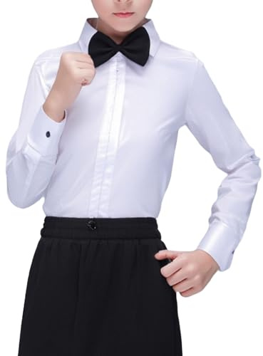 YiZYiF Kinder Jungen Latein Tanz Hemd Bodysuit Revers Langarmbody Mit Fliege Jazz Tango Salsa Ballsaal Moderne Tanzkleidung Weiß 122-128