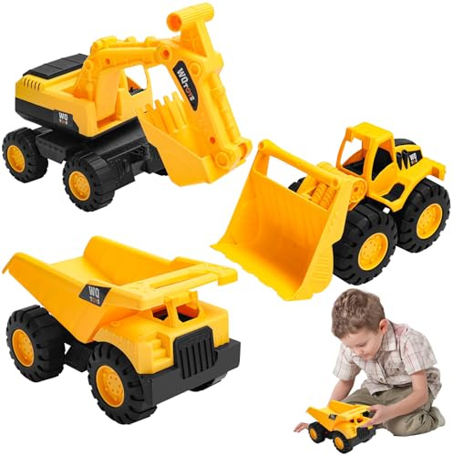 Sandspielzeug Bagger Sandkasten für Kinder 3+ 3Stück Bauwagen Spielzeug Set | Kipper & Radlader – Baustellenfahrzeuge aus Kunststoff – Geschenk für Jungen & Mädchen