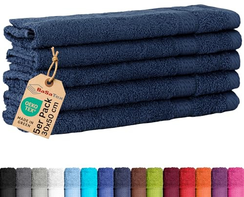 BaSaTex Set med 5 gästfrottéhanddukar, 30 x 50 cm, marinblå