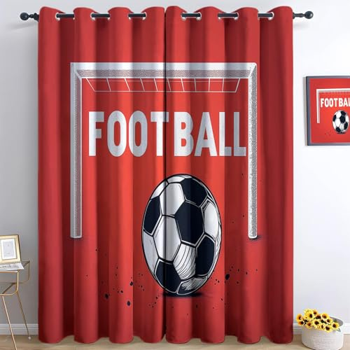 Red Football Curtains 46 x 54 Inch, Outdoor Sports Football Thermal Insulated, Soundproof & Noise Reducing Drapes for Kids Boys Bedroom Living Room - Eyelet Blackout Curtains, Sports Theme, 2 Panels