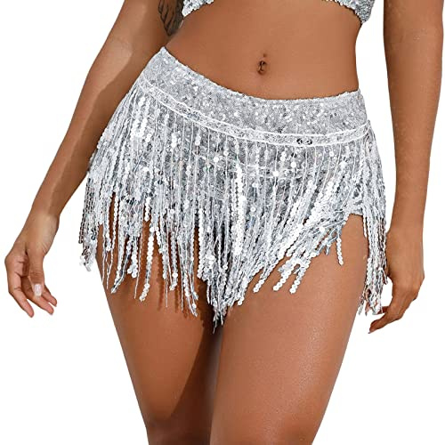 Gonna colorata con paillettes da donna con frange, con nappe, gonna da donna con paillettes, gonna a frange, a vita alta, latina, per danza del ventre, per Halloween e carnevale, clubwear, argento, XS