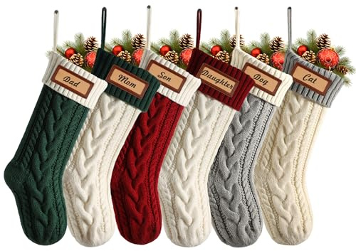 VVBAODL 6-Pack Personalized Christmas Stockings, 18 Inch Large Knit Stocking Set with Leather Name Patch for Family, Holiday Party Decor