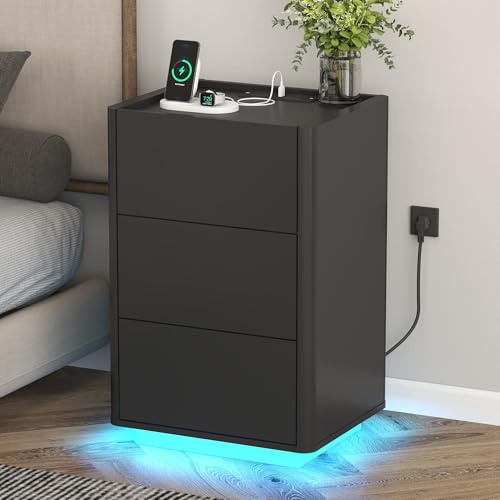 YOSHOOT Bedside Table with LED Lights 3 Drawers, Side Table with Charging Station, Modern Nightstand for Living Room, Bedroom, Study,39.8×35×65cm (Black)