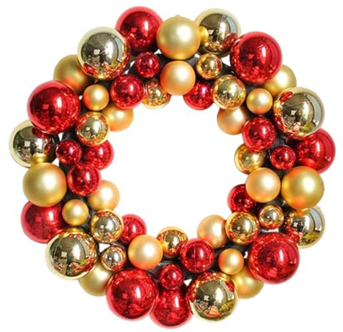 35 cm Weihnachtskranz, Adventskranz mit verschiedenen Christbaumkugeln in schönen Farben, Weihnachtskugel Dekoration Kunststoffgirlande, Tischkranz für Haustür, Kamin und Wanddekoration (Rot)