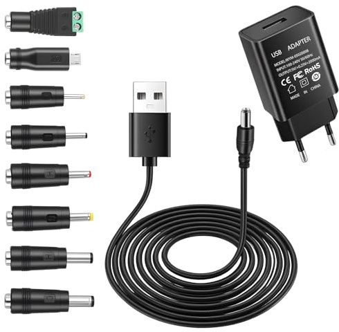 Adaptador de Corriente 5V 2A con 8 Conectores DC y Cable USB a DC 1M, Fuente de Alimentación AC/DC Universal para Múltiples Dispositivos Electrónicos Adaptador AC-DC