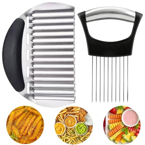 Hendiy Onion Holder for Slicing and Large Crinkle Cutter French Fry Cutter, Onion Slicer Veggie Chopper, Tomato Slicers Potato Wavy Chopper, Kitchen Food Slicer（One Onion Slicers & One Potato Cutter）