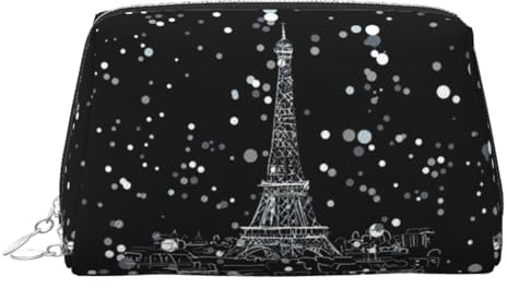 Night Paris Eiffel Tower Print Leather Cosmetic Pouch, Leather Makeup Bag for Purse with Top Zip Closure Stylish Toiletry Bag
