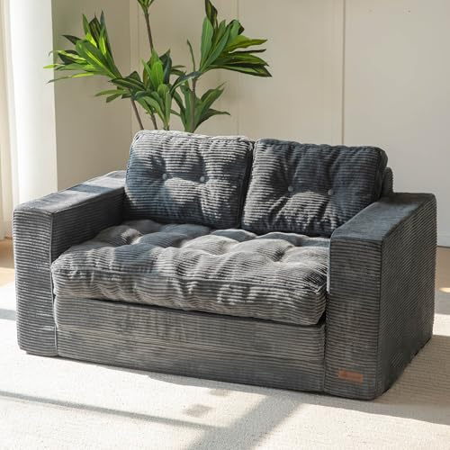 MAXYOYO Sofa Bed, Loveseat Sofa Convertable with 2 Pillows, 2 in 1 Comfy Corduroy Sofa 2 Seater, Floor Lounger Pull Out Sleeping Area 113x190CM, 15cm Thincken Foam