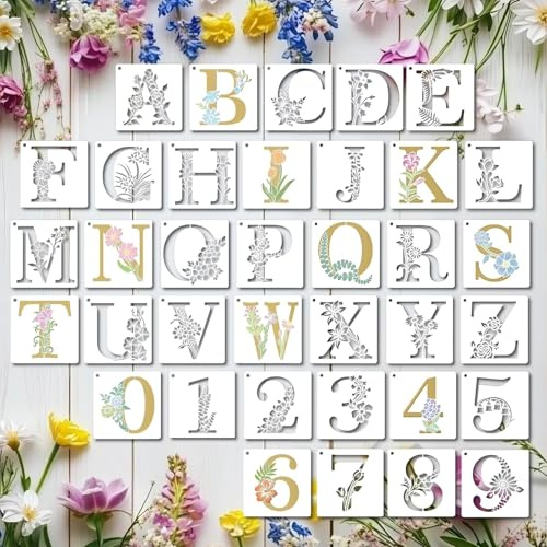 36 Stück Alphabet Schablonen Set 10,16 cm, Wiederverwendbare Buchstaben & Zahlen Schablonen mit Blumen, Malvorlagen für DIY Basteln, Wand, Holz, Stoff & Dekoration