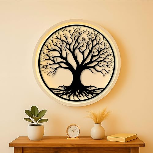 KAWA METALWORKS Baum des Lebens Metall Wandkunst Dekor, Runde Baum Wandskulptur mit Wurzeln, japanischer Stil Home Accent, Natur inspirierte Zen Home Decor Geschenk für Wohnzimmer Schlafzimmer