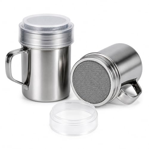 2 Piezas Espolvoreador, Espolvoreador de Azúcar en Polvo, Bote con Tapa y Malla Fina de Acero Inoxidable para Capuchino, Café, Chocolate, Canela y Repostería, 300 ml
