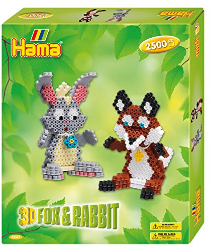 Hama Perlen 3247 Geschenkset 3D Fuchs und Hase mit ca. 2.500 Midi Bügelperlen, Motivvorlage und Stiftplatte, inkl. Bügelpapier, kreativer Bastelspaß für Groß und Klein, bunt, einheitsgröße, 10.3247