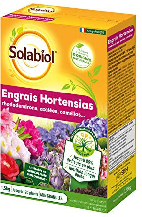 SOLABIOL Engrais Hortensias - Rhododendrons - Azalées & Camélias - 1,5Kg - Jusqu'à 120 Plants - Nutrition Longue Durée - 85% De Fleurs En Plus - Utilisable En Agriculture Biologique SORHOY15