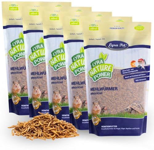 Lyra Pet® | 5 x 1 kg Mehlwürmer getrocknet | Proteinreiches Vogelfutter | Für Wildvögel, Nager, Reptilien & Fische | Nahrhaftes Futter | Energiespender für Insektenfresser | Vitamine & Mineralstoffe