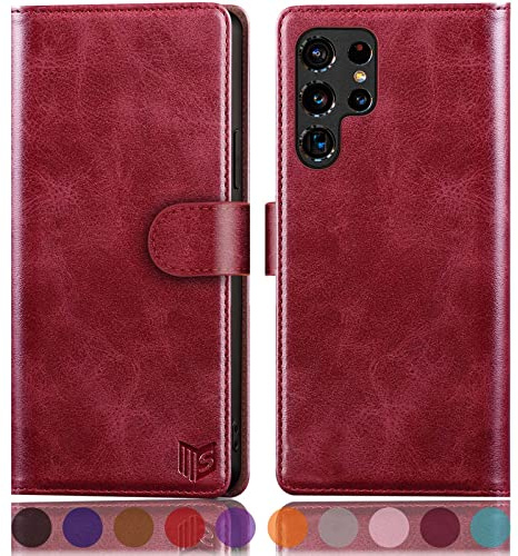 SUANPOT [RFID Schutz für Samsung S22 Ultra hülle PU Leder handyhülle Lederhülle klapphülle Kartenfach Flip Phone Case Cover für Samsung S22 Ultra handyhülle Rot