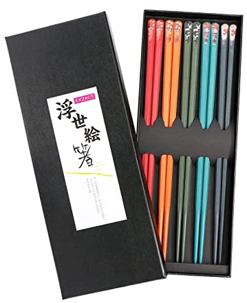 EXZACT Fibreglass Chopsticks Set Japanese Style - 5 Pairs of Reusable Chopsticks in Beautiful Handmade Gifting Box - Heat Resistant Dishwasher Safe - Colourful Glass Fibre - Kimono Print