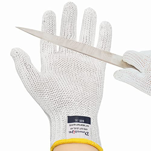 Dowellife Level 8 Reinforced Cut Resistant Gloves, Food Grade, Knife Safety Gloves for Meat Cutting, Oyster Shucking, Fish Fillet, Kitchen Slicing and Wood Carving, White, X-Large