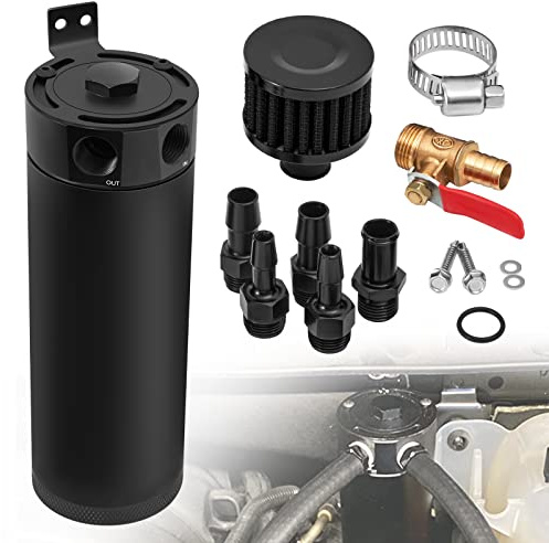 TEMSONE Universal 2 Port Aluminum 750ml Baffled Oil Catch Can Reservoir Tank with Breather Filter and Drain Valve