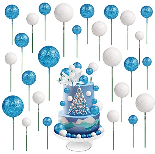 66pcs Balloon Cake Topper Glitter Foam Ball Cake Toppers Cupcake Toppers | Round DIY Cake Picks Insert Topper Baking Cake Decoration for Birthday Wedding Baby Shower Decor (Blue&White)