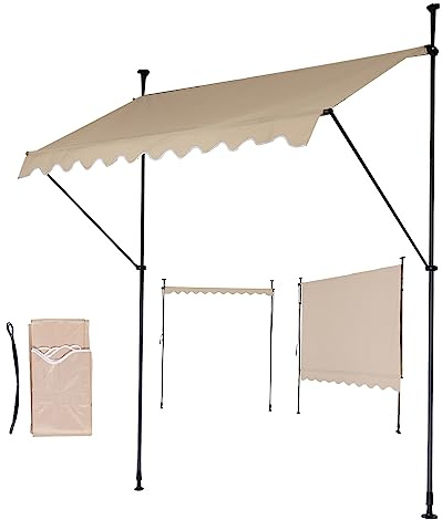Mingone Klemmmarkise 2m Balkon Markise Wasserdicht Sonnenschutz Balkon ohne Bohren Freistehende Faltmarkise Markise mit Handkurbel, Beige, 200x120cm