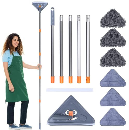Balai de nettoyage triangulaire rotatif à 360 degrés réglable en microfibre extensible avec long manche pour nettoyage de sol, plafond, fenêtre, mur