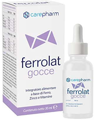 Carepharm, Ferrolat Gocce, Integratore Alimentare a Base di Ferro e Zinco, e Vitamine, Contribuiscono alla Normale Funzione del Sistema Immunitario, Senza Glutine, Senza Lattosio, 30 ml