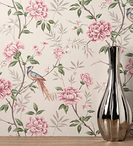 GAULAN 681989 Papier peint d'oiseaux et fleurs sur fond texturé effect fibre végétale beige pour mur salon cuisine bain chambre salle à mange tête de - Rouleaux de 10 m x 0,52 m