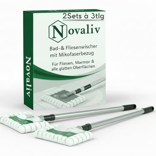 Novaliv 2X Fliesenreiniger Bad Wand mit Teleskopstiel inkl. Mikrofaser Bezug Fliesenwischer Badwischer Fliesenputzer Bad