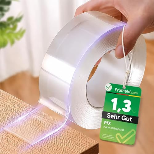 PfX Extra Starkes Premium Nano Tape - Neue 2026 Version - Wiederverwendbares Transparentes Nano Klebeband - VORSICHT EXTREM STARKER HALT (10 Meter)