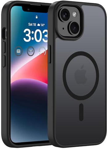 ORDA Magnetische Hülle für iPhone 14, Schwarz | Kompatibel mit MagSafe, Durchscheinend Rückseite, Matt Handyhülle, Stoßfest Kratzfeste Schutzhülle