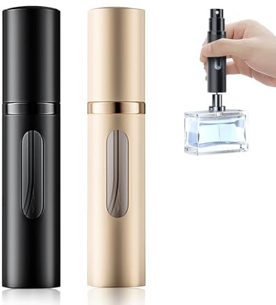 Xiaowanwan 2 Piezas Atomizador Recargable 5ml, Pulverizador de Viaje, Botella Rellenable, Spray de Perfume (Negro+Dorado Champán)