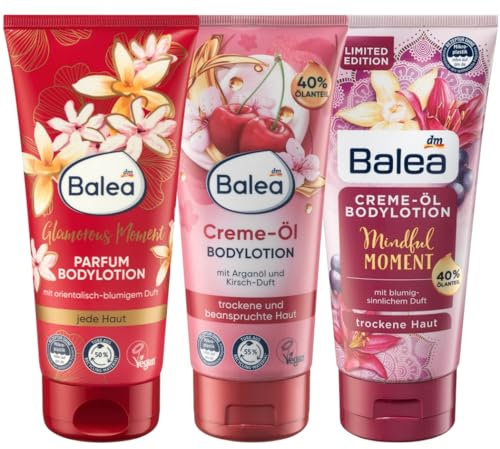 Balea 3er-Set Hautpflege: Parfum Bodylotion Glamorous Moment spendet Feuchtigkeit mit orientalisch-blumigem Duft, 200 ml + 2 x Körperlotion Natural Beauty Rose Mandelöl Drachenfrucht, 200 ml (600 ml)