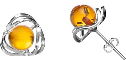 Genuine Baltic Round Amber Flower Ball Earrings for Women in Sterling Silver, Rich Cognac Color