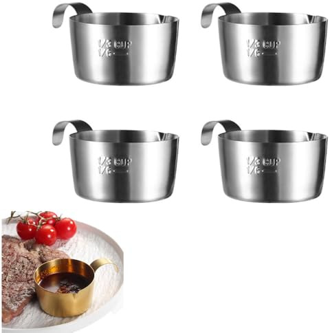 Qplcdg Edelstahl Saucenschälchen mit Griff,4 Stücke Dipschälchen Snack Dip Schalen Kleine Schälchen Mini Portionsbecher für Salatdressing Würze Dips Milch Kaffee 2.8oz (Silber)