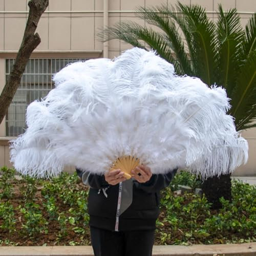 130CM Big Ostrich Feather Fans Large 13Bone Folding Fur Hand Held Fan Dance Show Fan Fluffy Feathers Fan for Burlesque Wedding-White,Right Hand