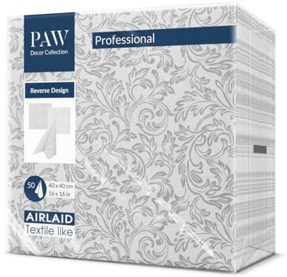 PAW - Tovaglioli di Carta Colorati - Airlaid (40 x 40 cm) I 50 Pezzi I Ideale per Matrimonio, Battesimo, Comunione, Compleanno I Tovaglioli Stoffa Colorati I Inverso Barocco Etude Argento